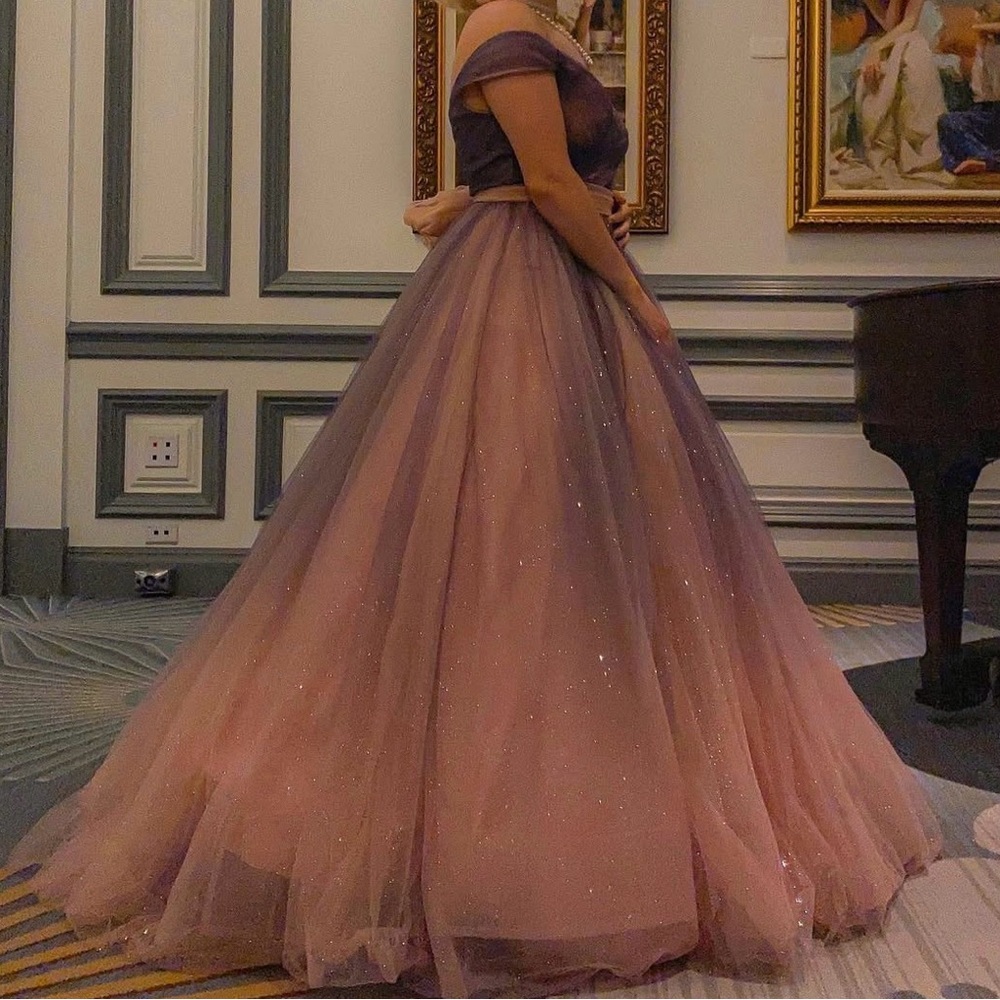 Elegant Off-Shoulder Purple and Pink Gown wore one time